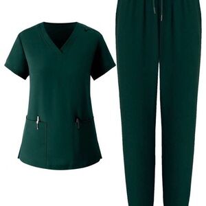 Women's V-Neck Medical Scrub Set in Deep Forest Green